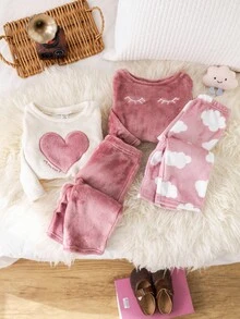 4pcs Baby Girl Valentine's Day Cute Heart & Cloud Print Crew Neck Long Sleeve Top And Soft Thermal Lined Pajama Pants Set Graphic