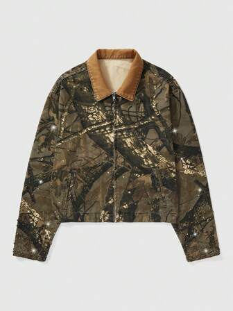 Street Life Chaqueta vaquera casual con cremallera y estampado de ramas de otoño para hombre