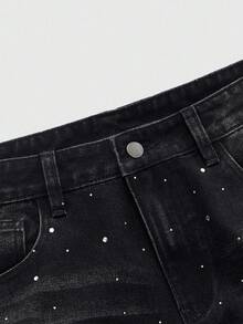 ROMWE MEN Street Life Spring Casual Men'S Rhinestone Embellished Star Pockets Pants, Versatile For Daily Wear, Spring/Summer - Black - View 3