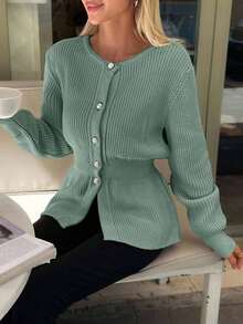 EURMUSE Áo khoác cardigan cổ tròn cài nút phía trước màu trơn cho nữ - Màu xanh Bạc hà - Xem 2
