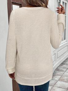 SHEIN LUNE Women's Casual Sweatshirt With Asymmetrical Hem, Textured Jacquard Striped Fabric - Khaki - View 2