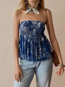 Florisole Top bandeau estampado retro para mujer - Azul - Ver 5