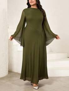 Veilorie Vestido elegante de unicolor para mujer de talla grande - Verde militar - Ver 5