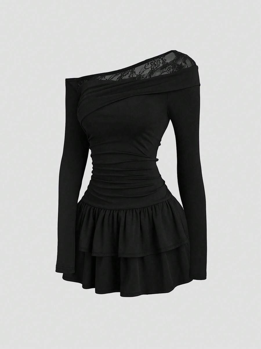 Sweetra فستان قصير أنيق للنساء مع تصميم كتف مائل وخصر ضيق وذيل متسع، مصنوع من قماش الدانتيل والرقعة، مناسب للارتداء اليومي والخروج - الأسود - مشاهدة 1