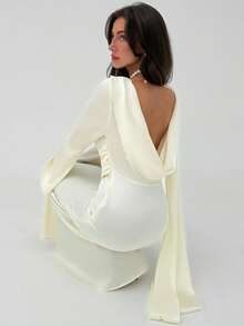 Aloruh Romantic Date Party Flare Sleeve Backless Ribbon Maxi Apricot Satin Dress For Women Bride - Apricot - View 2