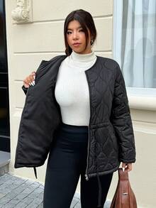 SHEIN EZwear Chaqueta casual de algodón cálido de unicolor, cuello redondo, hombros caídos, manga larga, talla grande, para invierno