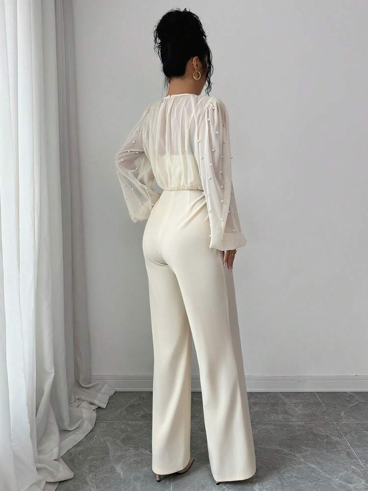 SHEIN Elenzya Elegancki, romantyczny kombinezon z perłowym zdobieniem w talii, z długim rękawem i okrągłym dekoltem, z materiału patchworkowego dla kobiet - Morela - Zobacz 2