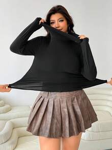 SHEIN EZwear 大码女式纯色立领长袖修身T恤，秋冬 - 黑色 - 查看 7