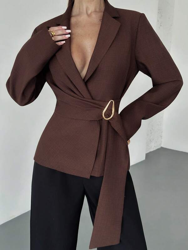 Firerie Women's Elegant Metal Decoration Brown Imitation Linen Waist Suit Jacket/Solid Color Wrap Suit Jacket, Commuter Style/Fall Women Clothes/Fall Outfits Women /Fall Outfits/Back To School/Homecoming/Business Casual Woman /Old Money Style Women/Office Outfits For Women/Going Out Outfits,Fall Clothes For WomenSolid Color Wrap Suit Jacket, Commuter Style