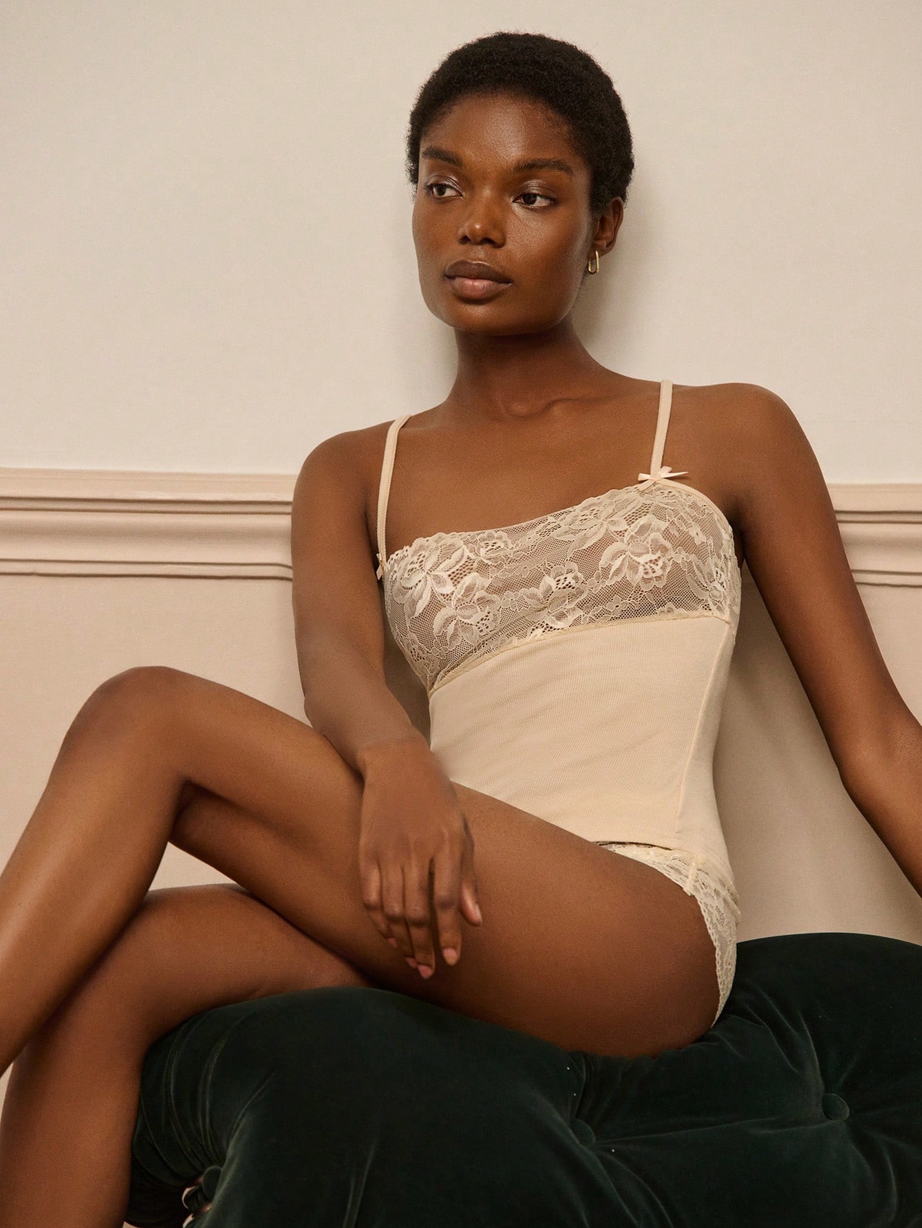 Cream Rib Cami Lingerie Set With Floral Lace Trim And Matching Lace Shorts Sexy Chic