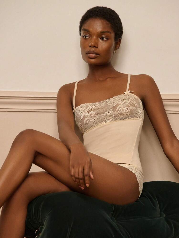 Cream Rib Cami Lingerie Set With Floral Lace Trim And Matching Lace Shorts Sexy Chic