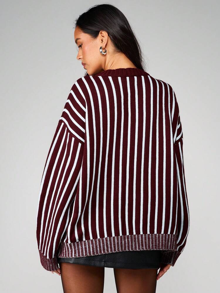 MISSGUIDED 가을 겨울 캐주얼 레이어링을 위한 오버사이즈 V넥 스트라이프 니트 스웨터