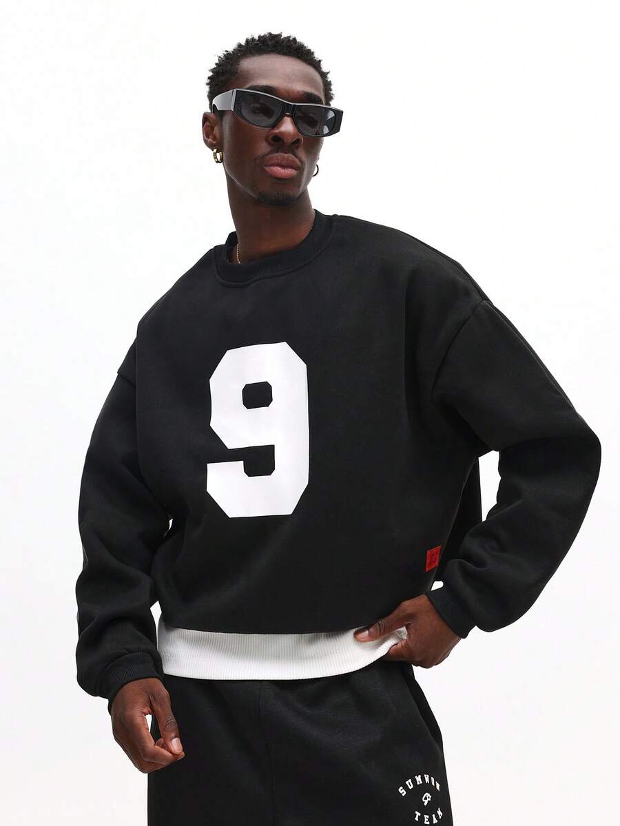 SUMWON Oversized Crew Neck Pullover Sweatshirt mit Nummer Neun Aufdruck für Straßen-Style