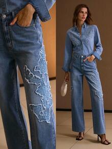 MOTF PREMIUM EMBROIDERY STRAIGHT LEG JEANS - Light Wash - View 1