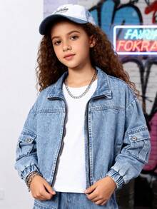青少年女孩复古街头时尚休闲牛仔夹克 - 淺色水洗藍 - 查看 3