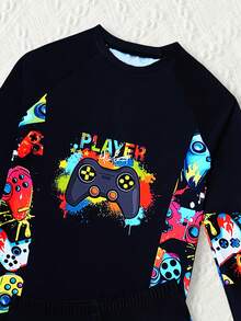 2pcs Tween Boy Cartoon Game Console Print Long Sleeve Top + Shorts Swimsuit Set, Beach/Vacation - Black - View 6