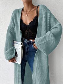 EURMUSE Solid Color Drop Shoulder Open Front Cardigan - Blue - View 5