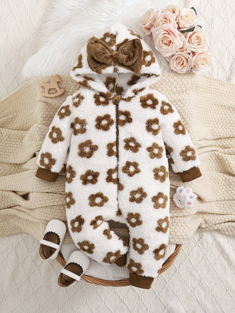 SHEIN Infant Floral Print Fleece Jumpsuit, Stylish - Brown - View 1