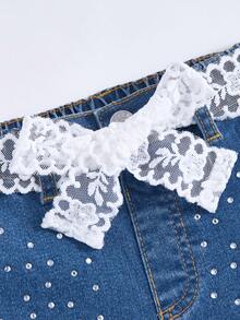 Girls Casual Elastic Waist Rhinestone Embellished Flare Denim Pants, Lightweight Summer - Medium Wash - View 8