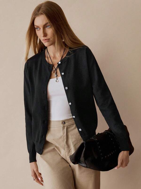 EMERY ROSE Loose Button-Up Round Neck Comfortable Solid Cardigan