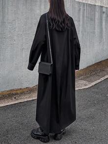 FRIFUL 女士纯黑色不对称领长袖A字宽松休闲连衣裙，适合秋冬季节穿着，百搭长裙 - 黑色 - 查看 5