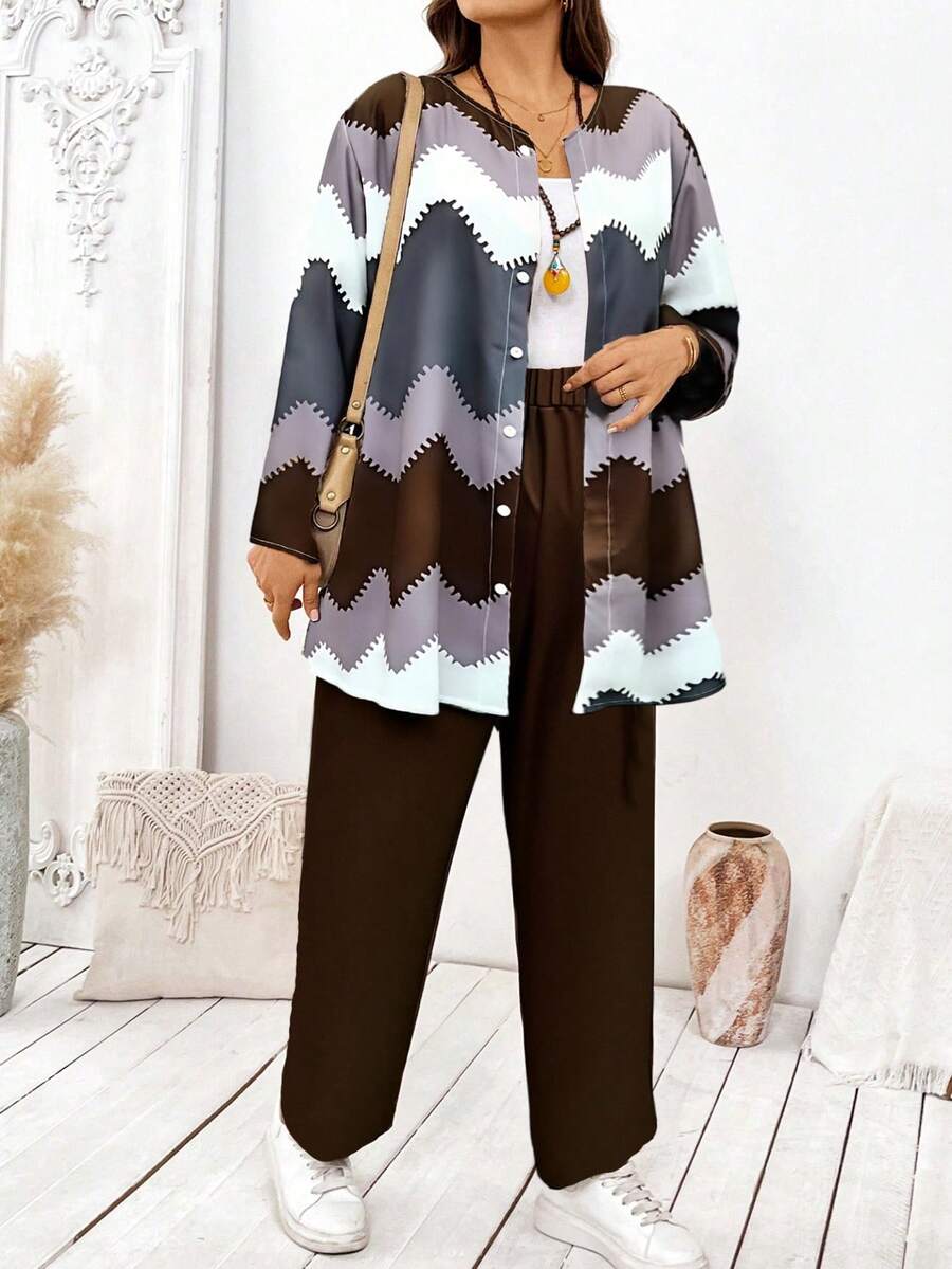 EMERY ROSE Plus Size Double-Layer Collar Buttoned Top & Textured Wide-Leg Pants Set - Brown - View 1