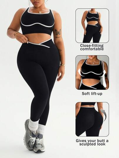 Rhythm Era Plus Size Women Contrast Color Close-Fitting Comfortable Sports Set