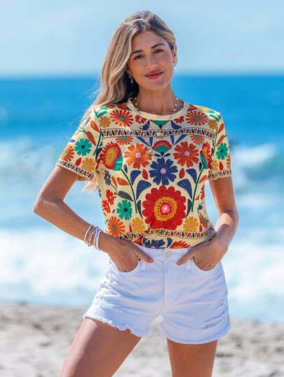 Sylviya Casual Simplistic Floral Round Neck Loose Fit Women T-Shirt Suitable For Going Out,Vacation