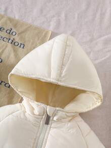 SHEIN Playful Pals Áo khoác mùa đông dày dặn phong cách thường ngày ấm áp có mũ trùm đầu cho bé gái từ 6 tháng đến 3 tuổi - Màu be - Xem 4