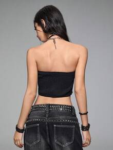 ROMWE Grunge Punk Top ajustado de estilo punk con diseño de colgante de cruz con remaches metálicos y rhinestones - Negro - Ver 5