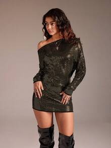TRNVIE 1pc Women's Sequin Embellished Asymmetric Shoulder Bodycon Party Dress, Long Sleeve, Autumn - Black and Gold - View 5