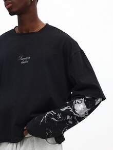 SUMWON Boxy Fit Gothic Skull Print Long Sleeve Double Layer Crew Neck T Shirt With Layered Design - Black - View 6