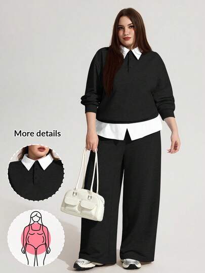 Enliva 大码女式宽松休闲两件套，运动衫和运动裤，套头衫和长裤，休闲搭配服装，适合女士秋季、冬季服装，CURVE PLUS，适合苹果型圆润身材