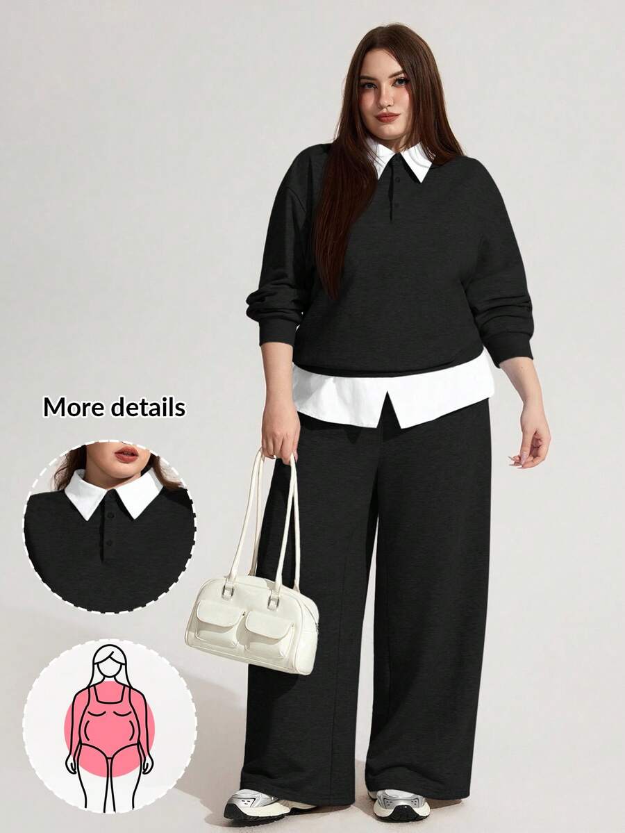 Enliva Tuta casual oversize da donna in 2 pezzi, felpa e pantaloni della tuta, felpa girocollo e pantaloni, outfit casual coordinato, abbigliamento autunnale e invernale per donne con forme arrotondate, CURVE PLUS