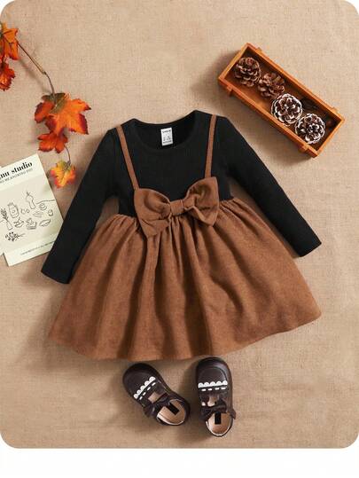 SHEIN Vestido de niña bebé con bloques de color y decoración de moño, lindo y dulce