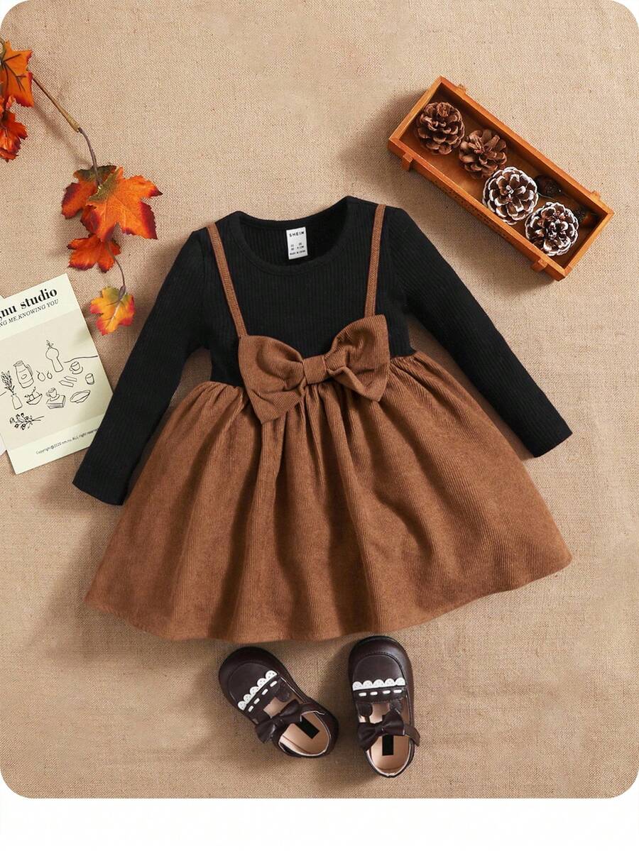 SHEIN 女婴拼色蝴蝶结装饰连衣裙，可爱甜美 - 咖啡棕 - 查看 1