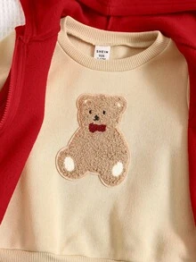 SHEIN Conjunto de 3 piezas para bebé niño: 1 pieza Chaleco con capucha con cierre de cremallera y peluche de oso informal y suelto, 1 pieza Pantalones deportivos de ajuste relajado, 1 pieza Suéter de cuello redondo a juego para uso casual, en el hogar u outdoor, otoño/invierno - Rojo - Ver 10