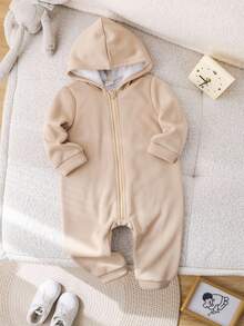 SHEIN 男婴/女婴卡其色拉绒厚柔软针织连帽连体衣，带拉链，适合室内外穿着，秋冬季 - 卡其色 - 查看 5