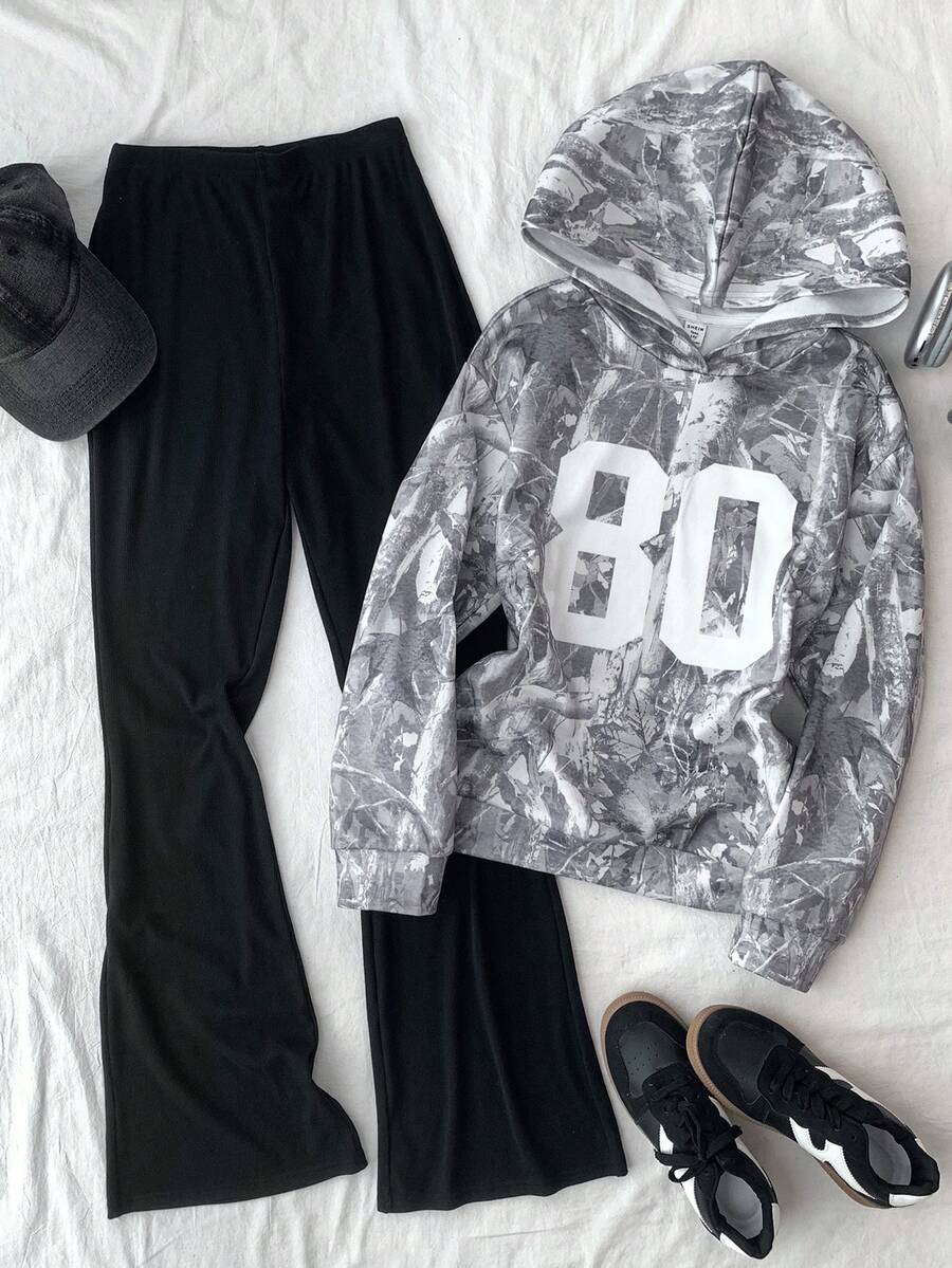 SHEIN 2pcs/Set Teen Girls Leaf Print Casual Loose Fit Long Sleeve Hoodie And Flare Pants, Sporty & Chic - Multicolor - View 1