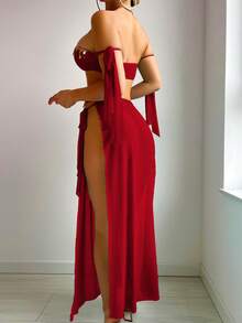 SHEIN 3pcs Set Sexy Mesh Fringe Tie-Up Bow Bandeau Maxi Dress Outfit - Burgundy - View 3