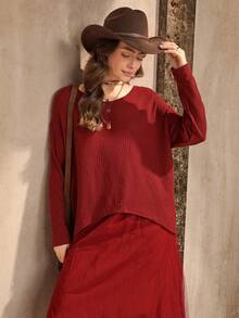 Wildy Women's Casual Commuting Simple Solid Ribbed Knit Drop Shoulder Loose Long Sleeve T-Shirt And Mesh Layered Skirt Set, Spring/Autumn - Burgundy - View 6