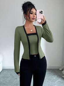 Selianne 2pcs Women Knit Patchwork Elegant Long Sleeve Top And Vest Set - Olive Green - View 6