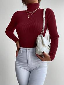 EURMUSE 女式纯色高领长袖修身休闲毛衣 - 酒紅色 - 查看 3