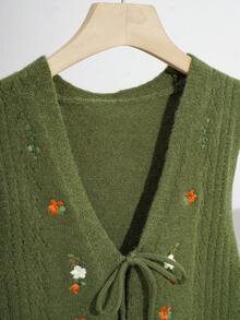 Sweetra Chaleco de punto retro lindo con cuello en V bordado, tirantes con lazo y color caqui, para otoño/invierno