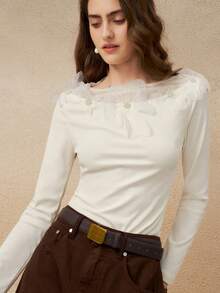INAWLY Camiseta blanca de manga larga con decoración floral elegante para mujer, primavera/otoño - Beis - Ver 5