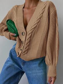 EURMUSE Cable Knit Drop Shoulder Cardigan - Brown - View 4