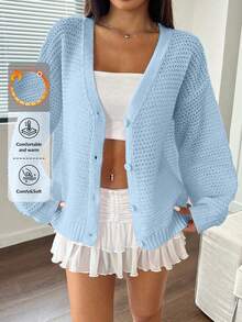 EURMUSE 女士纯色镂空长袖单排扣休闲开衫，秋季 - 淺藍色 - 查看 1