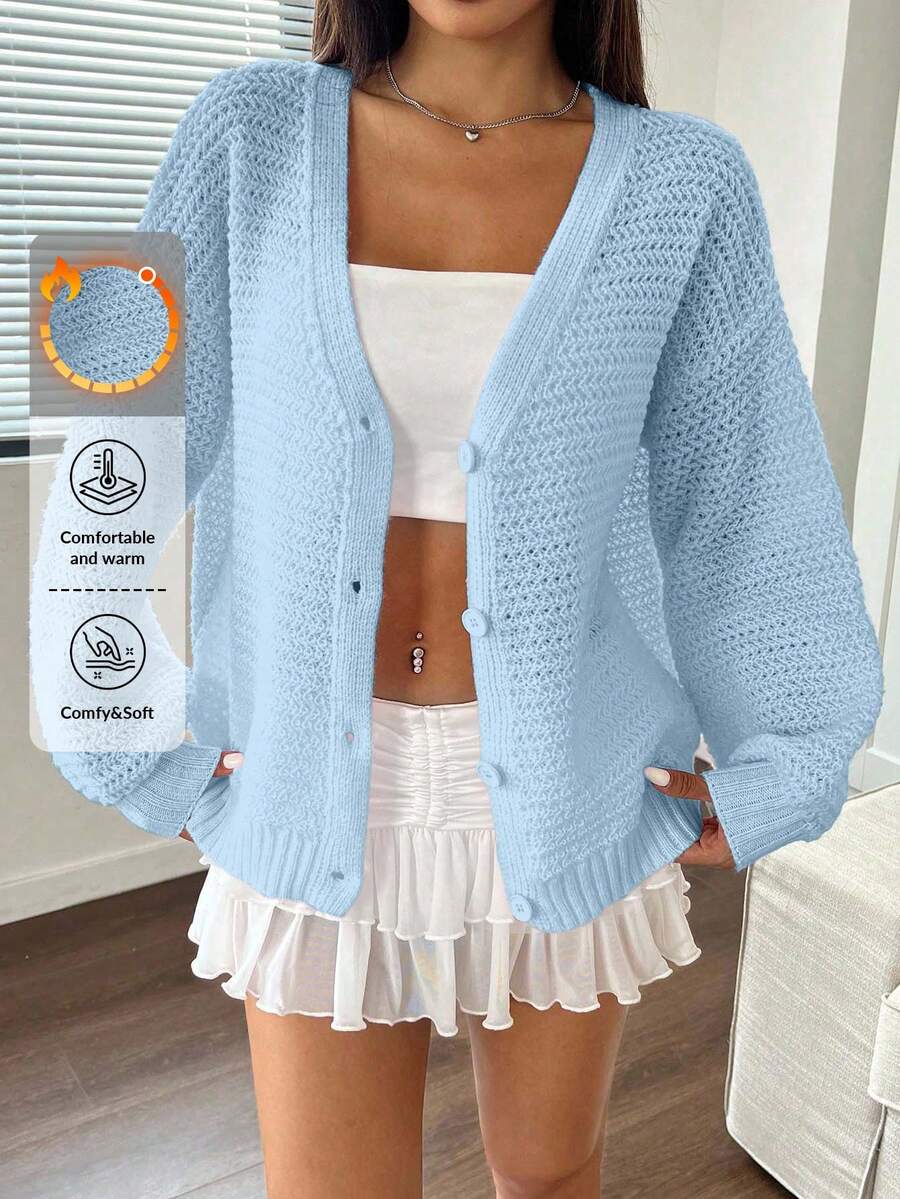 EURMUSE 女士纯色镂空长袖单排扣休闲开衫，秋季 - 淺藍色 - 查看 1