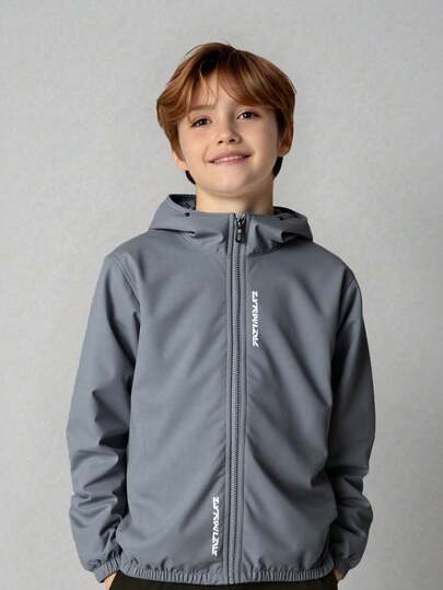 SHEIN Chaqueta con capucha informal y versátil, cómoda y de ajuste holgado, con estampado gráfico de letras, para niños preadolescentes