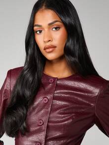 MISSGUIDED Áo khoác da họa tiết cá sấu màu đỏ tía cài nút phía trước, tay dài, vừa vặn, mặc mùa thu đông, công sở, Giáng sinh - Màu Đỏ Sâu - Xem 5